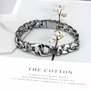 Vintage stainless steel biker chain bracelet with engraved gothic floral patterns