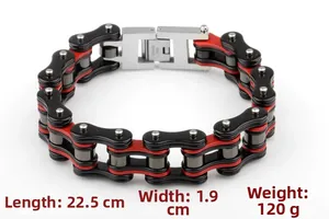 Detail showing dimensions of men's stainless steel red and black motorcycle chain bracelet
