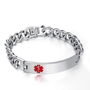 Bracelet d'Identification Médicale en Acier Inoxydable pour Hommes Maille Gourmette Argent Alerte d'Urgence Plaque