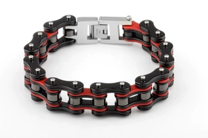 Close-up of motorcycle chain bracelet in red and black steel with secure clasp detail