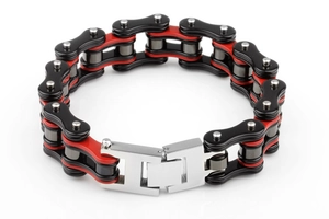 Detail of red and black industrial bicycle chain style stainless steel bracelet for men