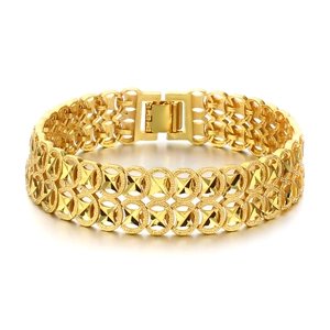 Vintage Men Eighteen Karat Gold Plated Copper Wide Bracelet Hollow Geometric Circles Folded Safety Clasp Jewelry Wristband