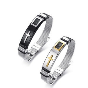 Herren Edelstahl Mesh Armband Verstellbares Milaneseband Kreuz Anhänger Armreif Religiöser Schmuck Schwarz Gold Silber