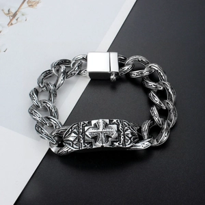 Retro punk titanium steel bracelet with embossed cross and heavy chain link
