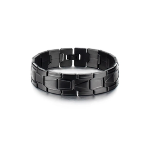 Detailed view of black titanium link bracelet with matte and polished finish and clasp