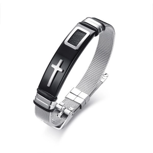 Herren Armband aus Titanstahl mit Kreuzmotiv auf schwarzem Paneel und Netzarmband