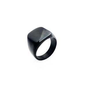 Minimalist men's black titanium steel signet ring with a matte brushed square surface