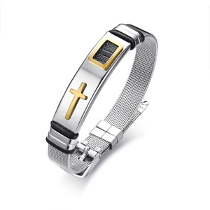 Herrenarmband aus Titanstahl mit goldenem Kreuz und schwarzer Einlage auf Netzband