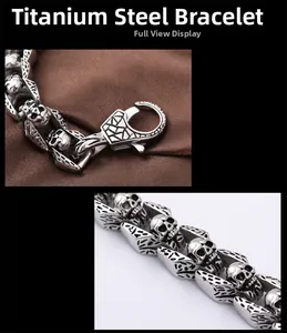 Macro detail of retro punk skull bracelet with antique silver floral steel engravings