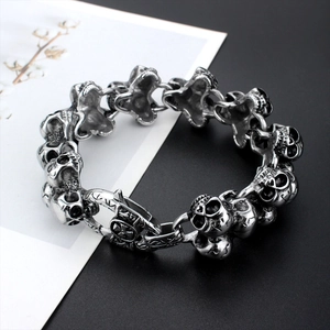 Retro punk titanium steel skull bracelet for men with gothic oxidized silver finish