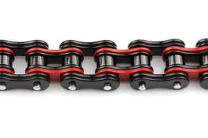Detailed macro view of red and black stainless steel chain link bracelet for men