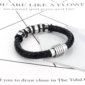 Classic braided black leather bracelet for men with polished stainless steel rings