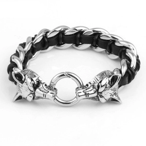 Bracciale Vintage Punk Vichingo con Testa di Lupo da Uomo in Acciaio al Titanio Cordino in Pelle Intrecciata Gioielli Rock Biker