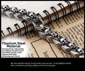 Detailed close-up of retro stainless steel skull links on a men's punk bracelet