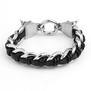 Bracciale punk da uomo robusto con teste di lupo in argento e cinturino in pelle nera