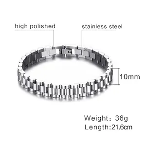 Gepolijste 10mm brede roestvrijstalen horlogestijl schakelarmband voor heren zilver