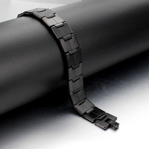 Men's matte black titanium steel link bracelet with brushed finish and folding clasp