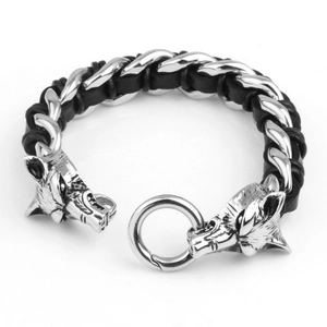 Bracciale da uomo con testa di lupo in acciaio al titanio e pelle intrecciata nera punk