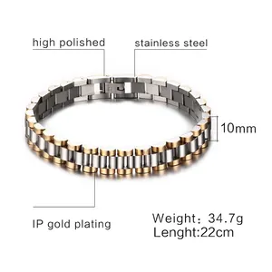 Gepolijste 10mm tweekleurige roestvrijstalen herenarmband met een horlogeband ontwerp