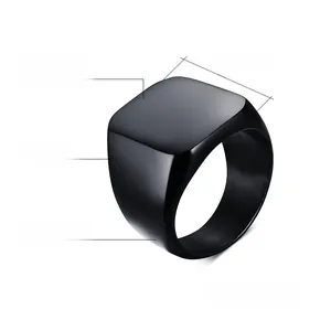 Macro detail of black stainless steel signet ring showing 18mm width and weight specs