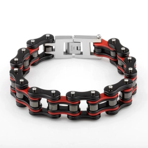 Men's heavy motorcycle chain bracelet in black red and silver stainless steel