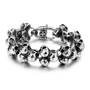 Men Gothic Titanium Steel Skull Head Bracelet Vintage Punk Biker Cross Pattern Silver Link Chain Jewelry Accessory