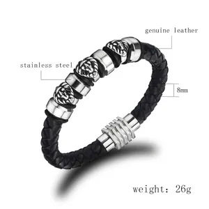 Classic braided leather men's bracelet featuring steel lion heads and secure clasp