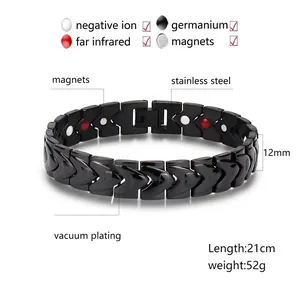 Bracelet de thérapie pour hommes en acier titane noir avec aimants et germanium, 21cm