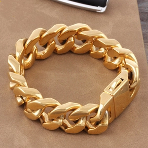 Men's Fashion Titanium Steel Cuban Link Bracelet Heavy Metal Gold Plated Geometric Wide Chain Bracelet Jewelry Accessory