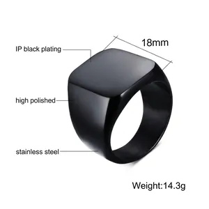 Polished black IP plated stainless steel square signet ring for men in 18mm width