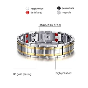 Mens titanium steel magnetic therapy bracelet with gold silver dual rows and health elements