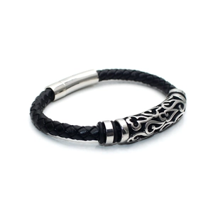 Retro black braided leather bracelet for men with hollow pattern engraved metal charm