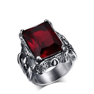 Men's Retro Punk Gothic Titanium Steel Ring Red Rhinestone Inlaid Casting Claw Pattern Finger Ring Jewelry Gift For Men