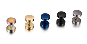 Lot de cinq boucles d'oreilles haltères en acier inoxydable noir, doré, bleu, argent et arc-en-ciel