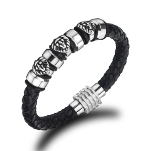 Men's Retro Black Braided Leather Bracelet With Stainless Steel Lion Head Charms Magnetic Buckle Masculine Bangle Jewelry Gift