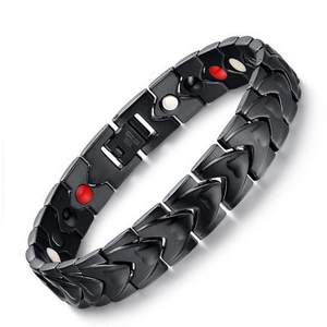 Bracelet de Magnétothérapie en Acier Titane pour Hommes Noir Électroplaqué Maillons Coeur Géométriques Bijoux de Santé