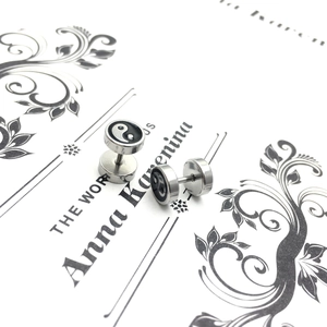Polished stainless steel Tai Chi stud earrings with black and white enamel Yin Yang design