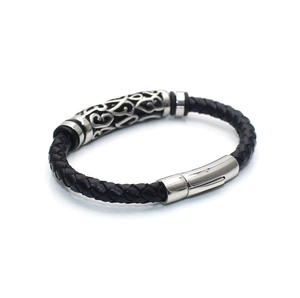 Men's black braided leather bracelet with silver hollow-carved stainless steel tube