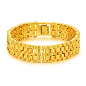 18K Gold Plated Copper Chain Bracelet For Men Bold Watch Band Style Geometric Pyramid Texture Embossed Jewelry Gift