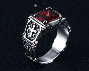 Men's gothic stainless steel ring with rectangle red gemstone and cross relief details