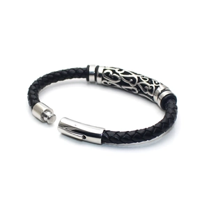 Men's black braided leather bracelet with hollow stainless steel floral pattern tube