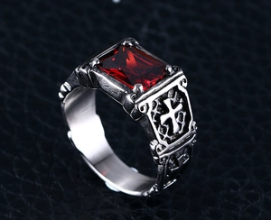 Men's vintage gothic stainless steel ring with large red gemstone and cross carvings