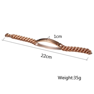Polished rose gold stainless steel ID curved bar curb chain bracelet with measurements