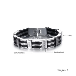 Men's 13mm wide stainless steel and black silicone bracelet with size and weight specs