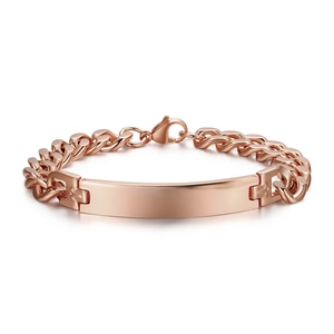 Detailed view of polished rose gold stainless steel curved bar on a chunky Cuban chain