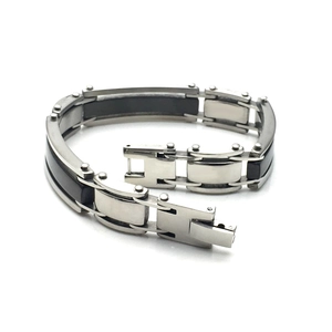 Classic silver and black stainless steel segment bracelet with fold-over clasp for men