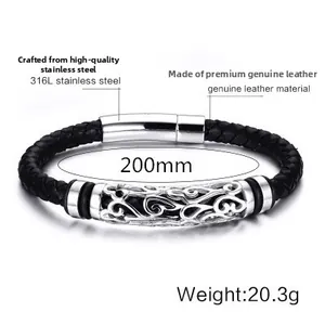 Detail of black braided leather bracelet with 316L stainless steel engraved hollow pattern