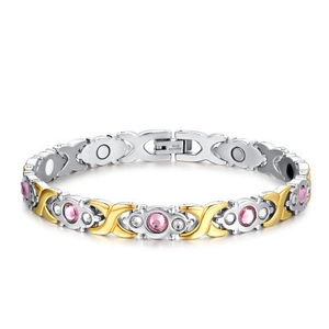 Bracelet de Magnétothérapie en Acier Inoxydable pour Femmes Bicolore Or Argent Strass Incrusté Bijoux de Santé Accessoire