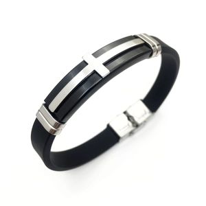 Men Fashion Silicone Bracelet Stainless Steel Cross Bangle Religious Jewelry Sporty Black Wristband With Clasp Jewelry Gift
