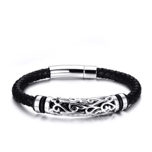 Vintage Men Braided Genuine Leather Bracelet With Stainless Steel Hollow Filigree Tube Retro Punk Magnetic Clasp Hand Jewelry